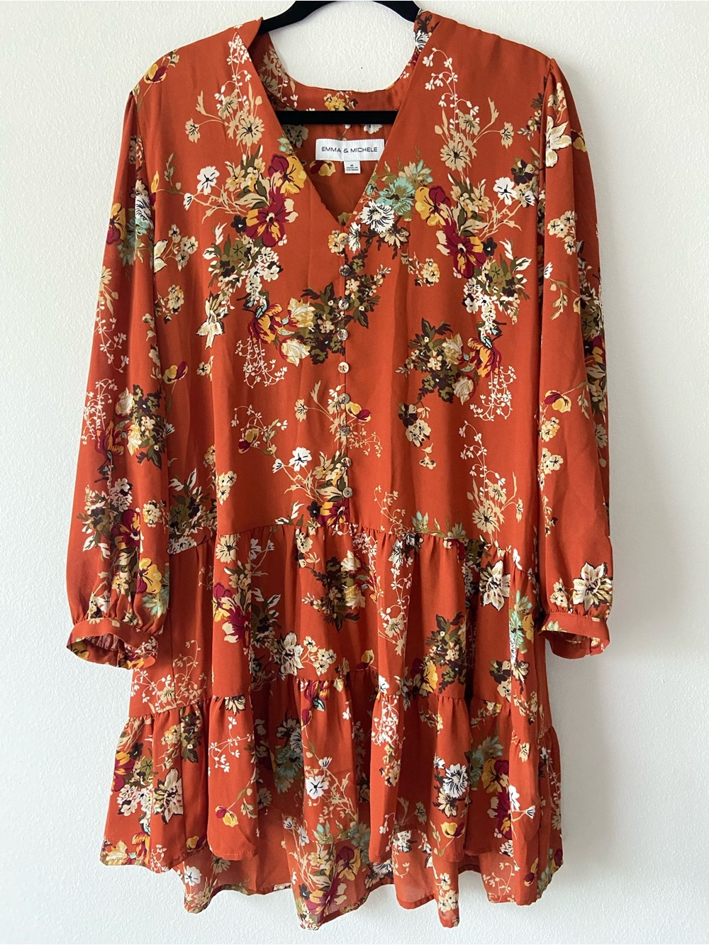 Emma & Michele Boho Rust Orange Floral Tiered Mini Dress Size M